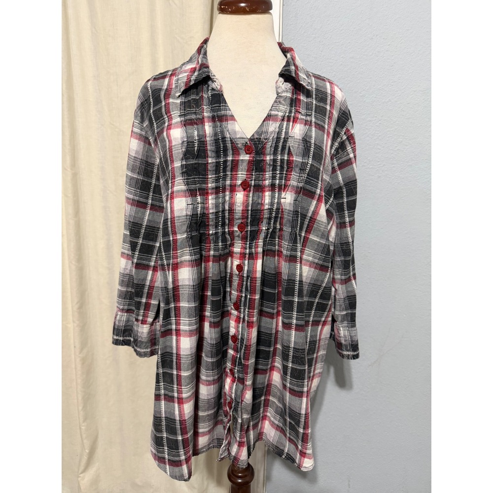 Dressbarn Womens 3X Tunic Top Plaid Pintuck Button Front Black Red 100% Cotton